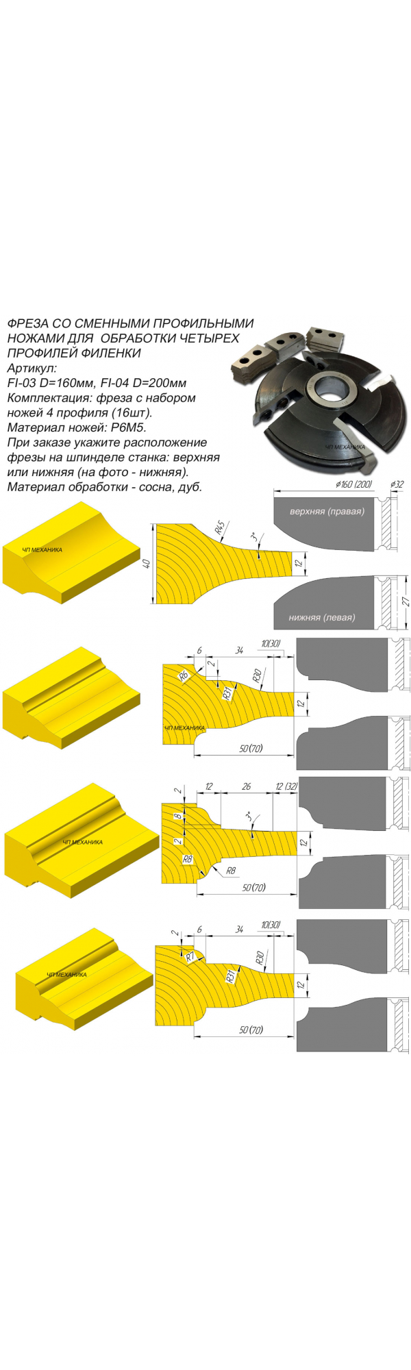 ФИ-03 (04). Фреза для филенки  со сменными ножами. 4 профиля, (D-160(200),d-32).