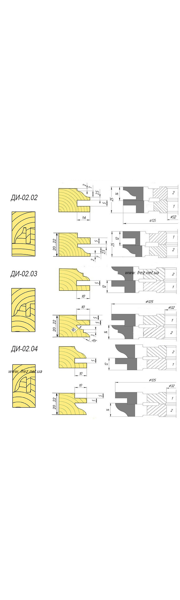 02.02(03,04). Комплект фрез для мебельного фасада (профиль, контрпрофиль). D-125 мм,d-32мм, B-20-22мм.
