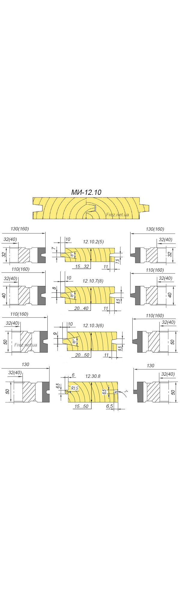 Комплект фрез для изготовления половой доски (тип "Шип-Паз" с термошвом и трапециевидным соединением). (D110(160) мм, d - 32(40)мм, В-22-50мм. Артикул МИ-12.10