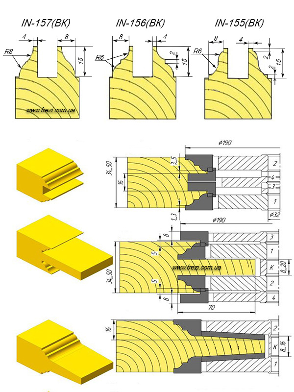 Комплект Фрез для филенчатых дверей твердый сплав ВК-8. Обвязка (D-190x32), Шип-(D-190x32), 4 фрезы. Дополнительно комплектуется: 2 фрезы для термошва.