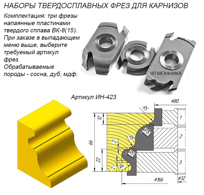 423 Набор твердосплавных фрез для карниза.