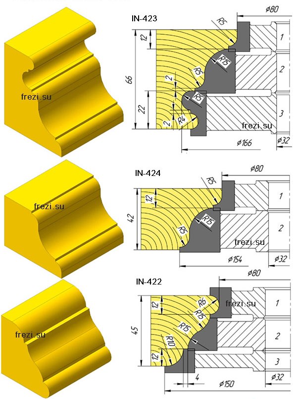 Фрезы твердосплавные для декоративного багета и карниза (D-166 мм, d-32 мм, В-66 мм.) Артикул IN-423