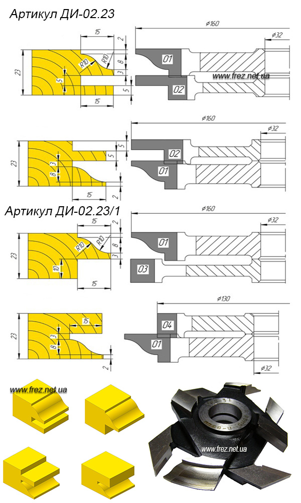 02.23 (02.23/1). Комплект фрез для мебельной обвязки под филенку и стекло. (D-160 мм, d-32 мм, В-23 мм.)