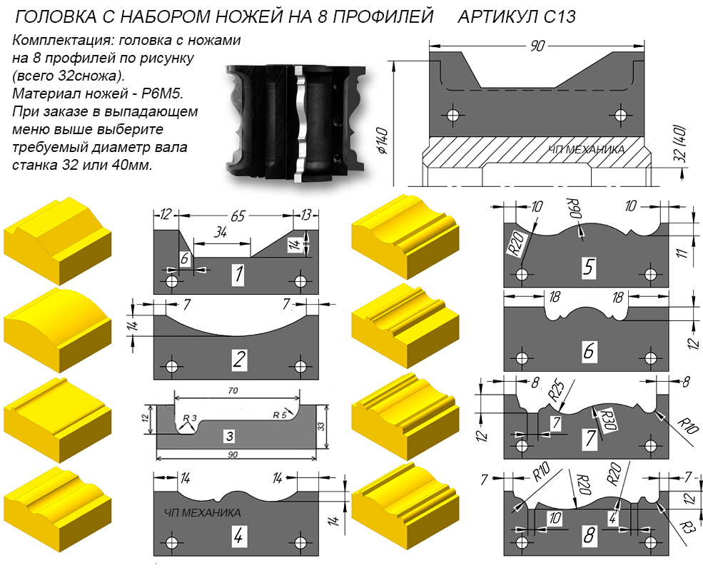 Фреза по дереву с набором ножей для наличников – 8 профилей