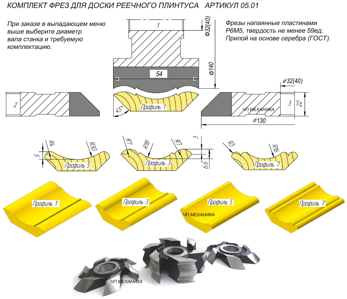 Фрезы для реечного напольного плинтуса (комплект) D-140 мм, d-40 мм, В-54 мм. Артикул 05.01.3(5)