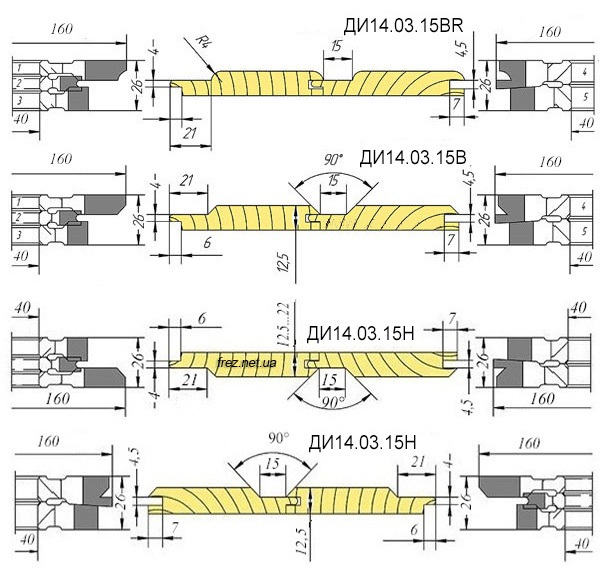 Фрезы для евровагонки с угловыми и радиусными фасками. 5 фрез D (160.40.12,5-22 мм)