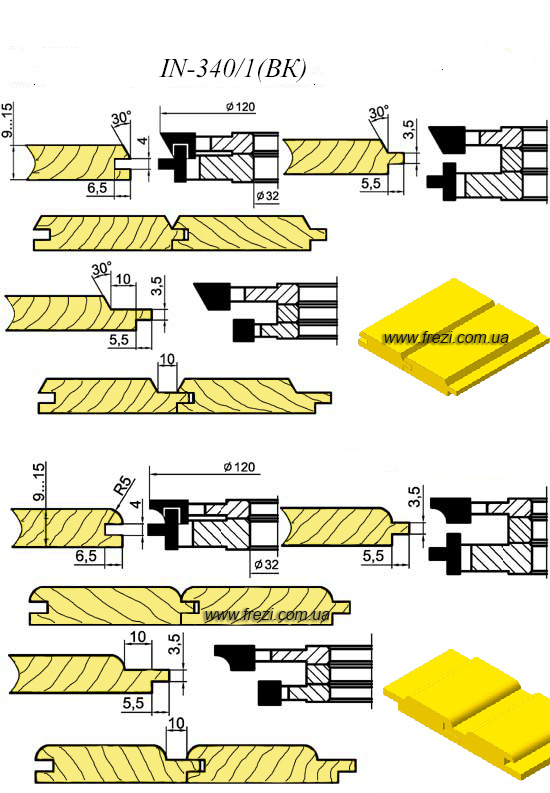  Комплект твердосплавных фрез для вагонки и евровагонки. D-125.32.9-15 мм. 4 фрезы.